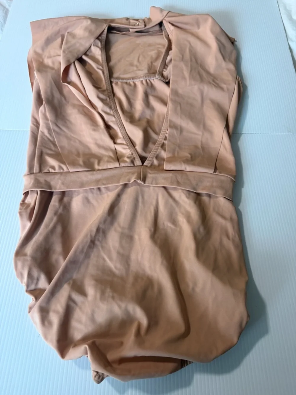 Kelle solo dance costume tan blush pink chasing clouds 2 piece leotard shorts MA